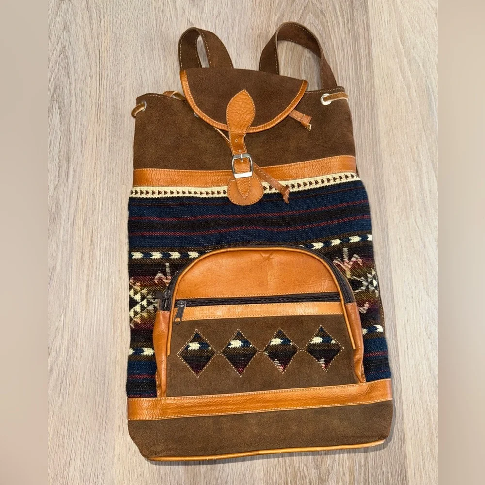 Western Leather Brown & Blue Boho Aztec Drawstring Backpack
